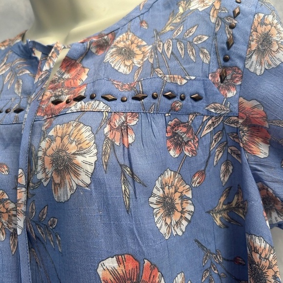 Lee Blue Floral Blouse top with Tie Front Sz-M. B1 - Picture 3 of 8
